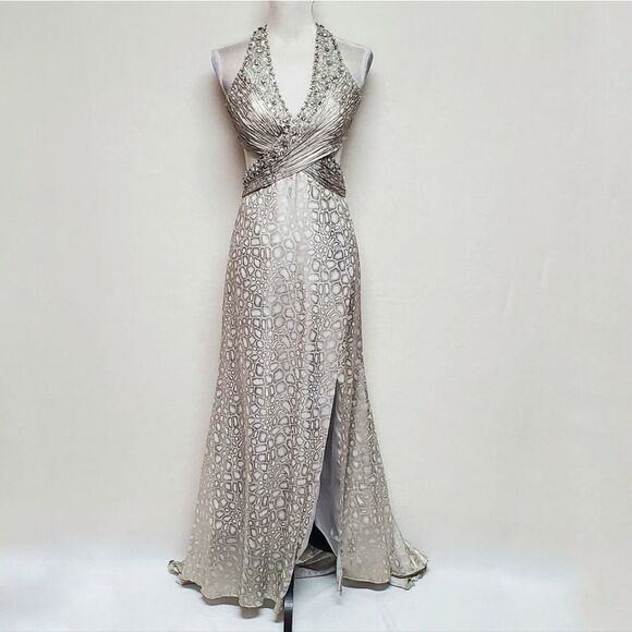 SATIN Snakeskin Silver Sequin Beaded Backless Side Slit Racerback Maxi Dress XS - Picture 4 of 16